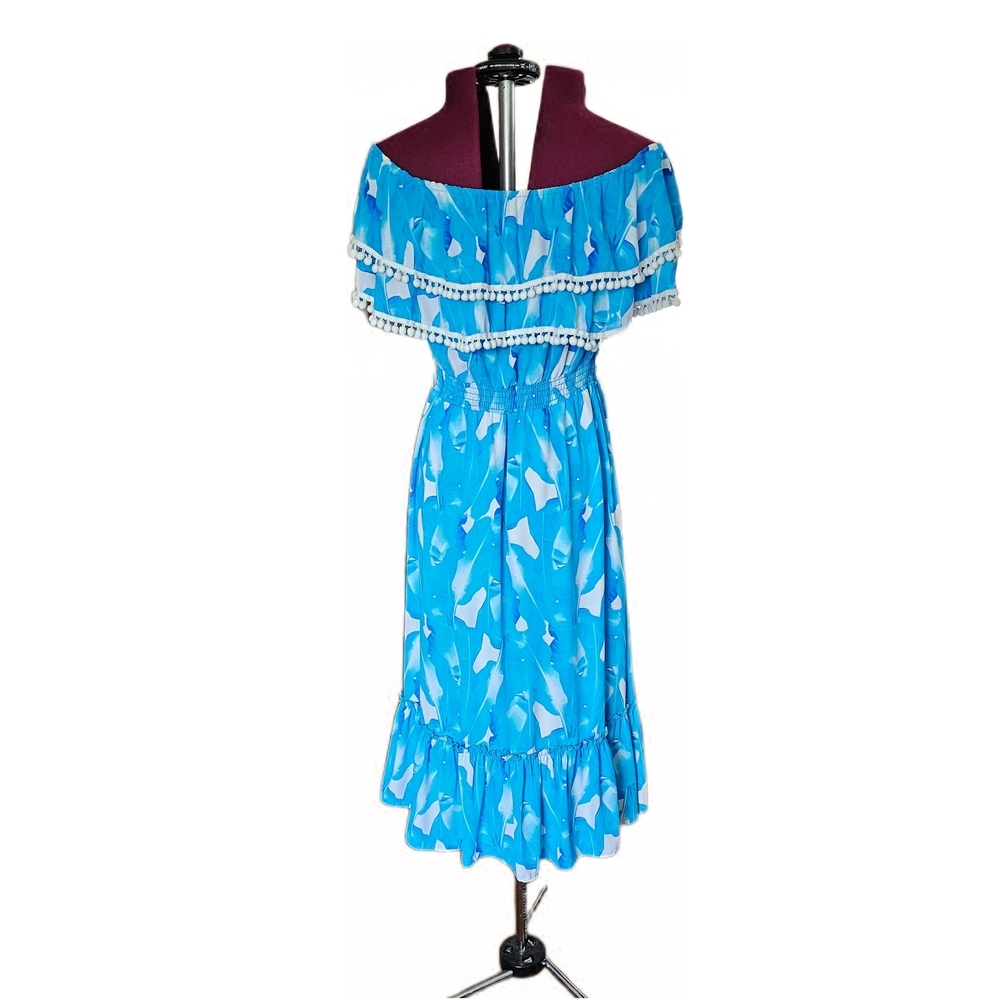 Red Dress Boutique Palms Away Blue Patterned Off-Shoulder Ruffle Midi Dress - Picture 4 of 14